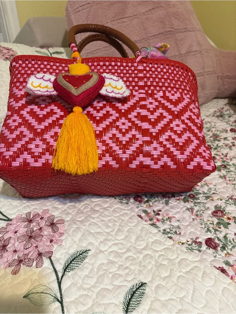 Woven Red and Pink Tote Bag with Heart Tassel